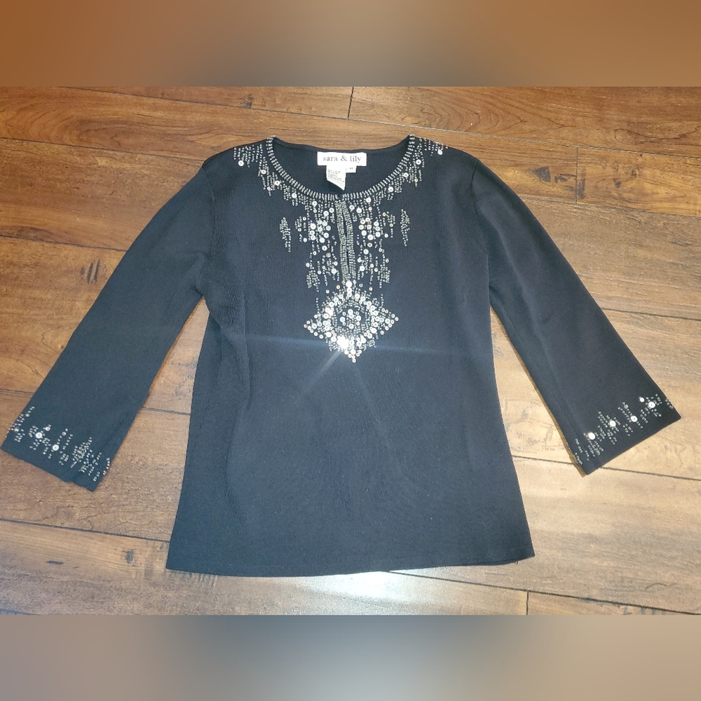 Sara & Lily Black Embellished Silver Sequin Beads Women's Knit Top Medium